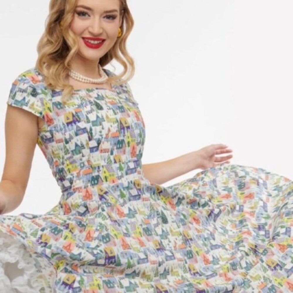 Unique Vintage Multicolor House Print Midi Dress